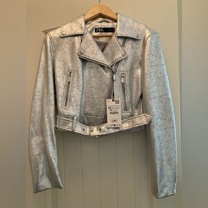 ZARA Silver Metallic Cropped Moto Jacket XS NWT